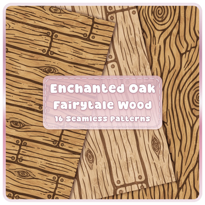 Enchanted Oak fairytale wood seamless patterns bundle with rustic oak planks, wood grain and 16 JPG digital papers