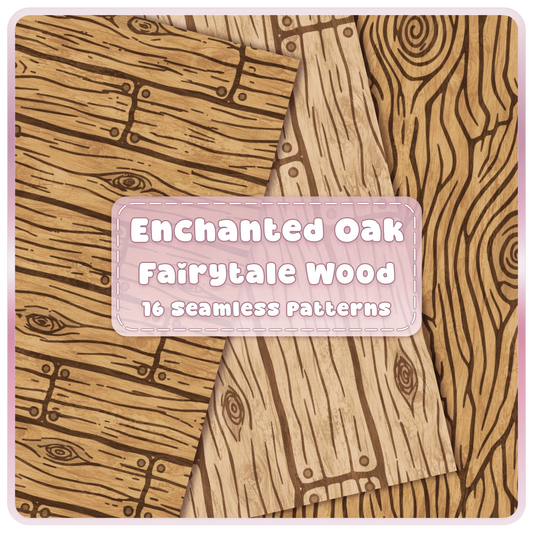 Enchanted Oak fairytale wood seamless patterns bundle with rustic oak planks, wood grain and 16 JPG digital papers