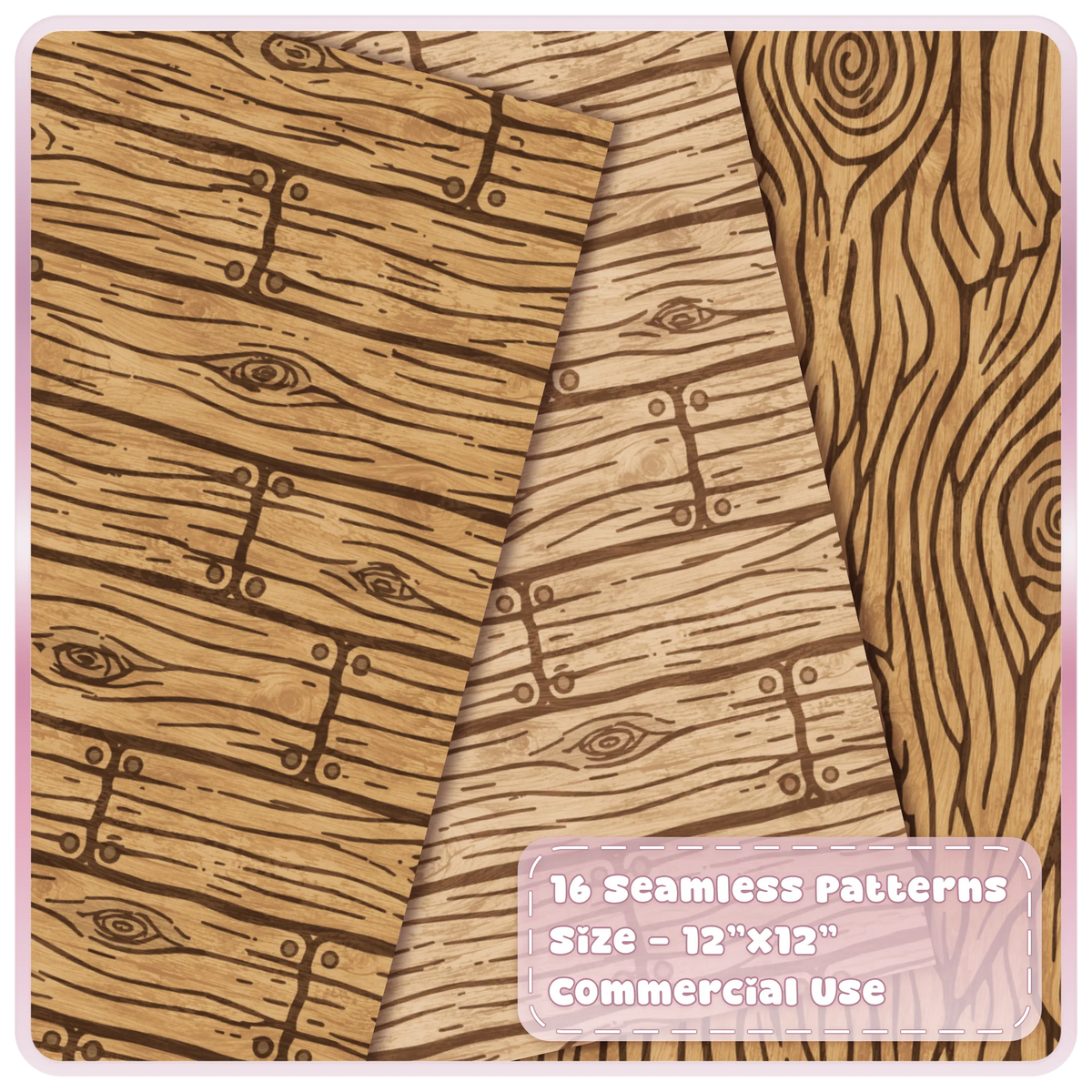Fairytale wood seamless digital paper mockup showing rustic oak plank patterns and flowing wood grain textures