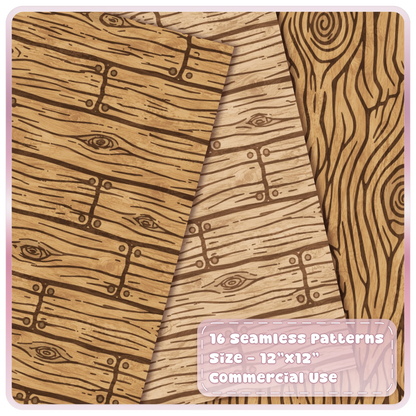 Fairytale wood seamless digital paper mockup showing rustic oak plank patterns and flowing wood grain textures