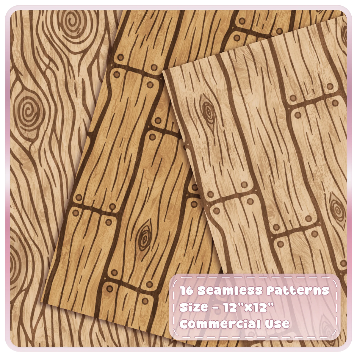 Oak wood seamless pattern collection featuring light and warm brown wooden planks with hand drawn wood grain