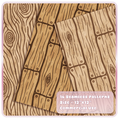 Oak wood seamless pattern collection featuring light and warm brown wooden planks with hand drawn wood grain