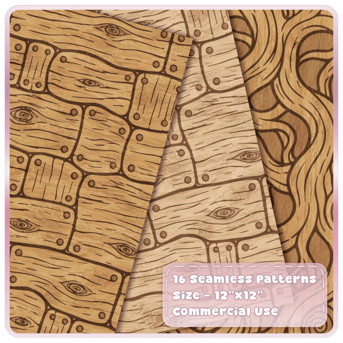 Rustic fairytale wood digital papers with wooden plank, oak grain, knot and flowing timber seamless patterns