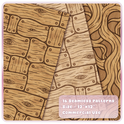 Rustic fairytale wood digital papers with wooden plank, oak grain, knot and flowing timber seamless patterns