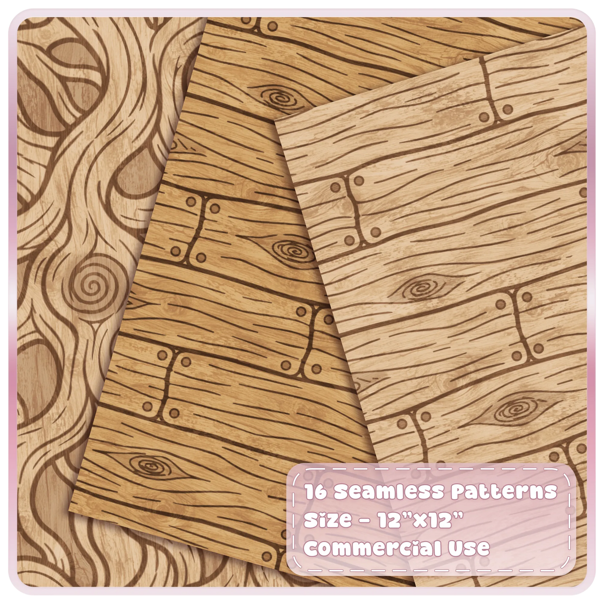 Enchanted woodland seamless wood patterns featuring oak grain, rustic planks and natural timber textures