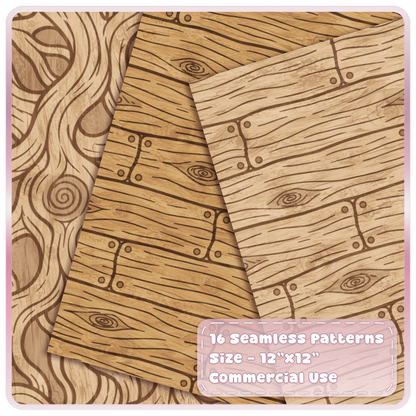 Enchanted woodland seamless wood patterns featuring oak grain, rustic planks and natural timber textures