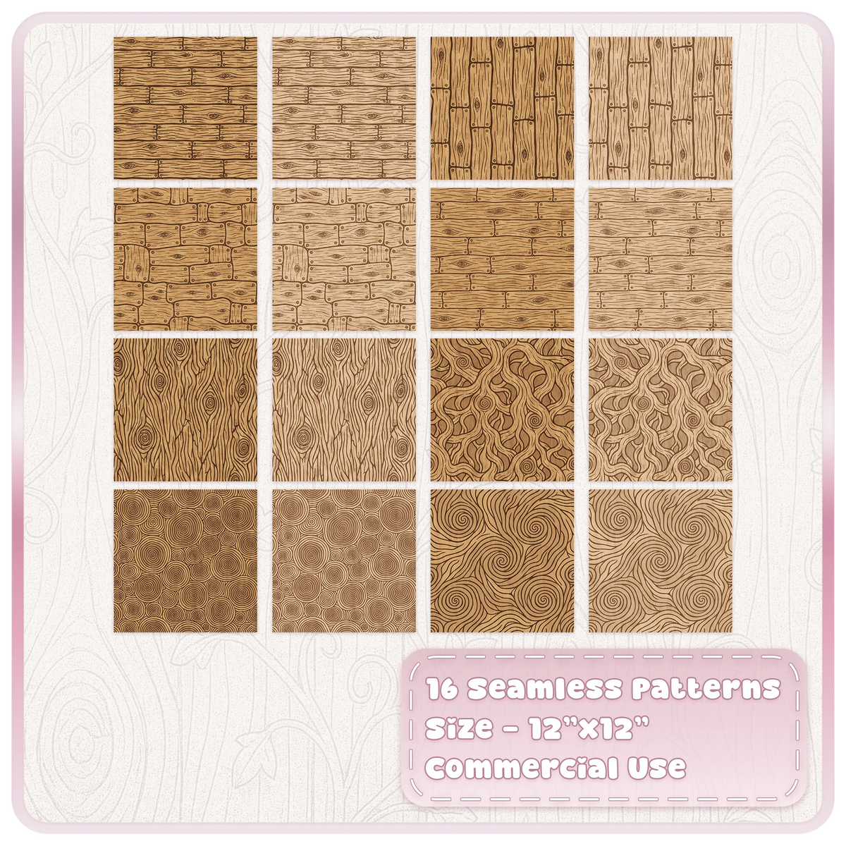 Collection of 16 fairytale wood seamless JPG patterns with oak planks, knots, wood grain and swirling timber designs