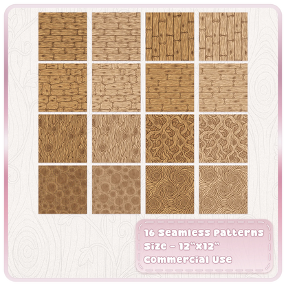 Collection of 16 fairytale wood seamless JPG patterns with oak planks, knots, wood grain and swirling timber designs