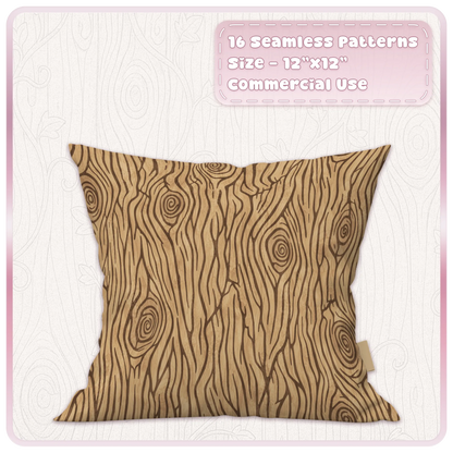 Fairytale oak wood seamless pattern displayed on a cushion mockup with flowing woodland wood grain texture