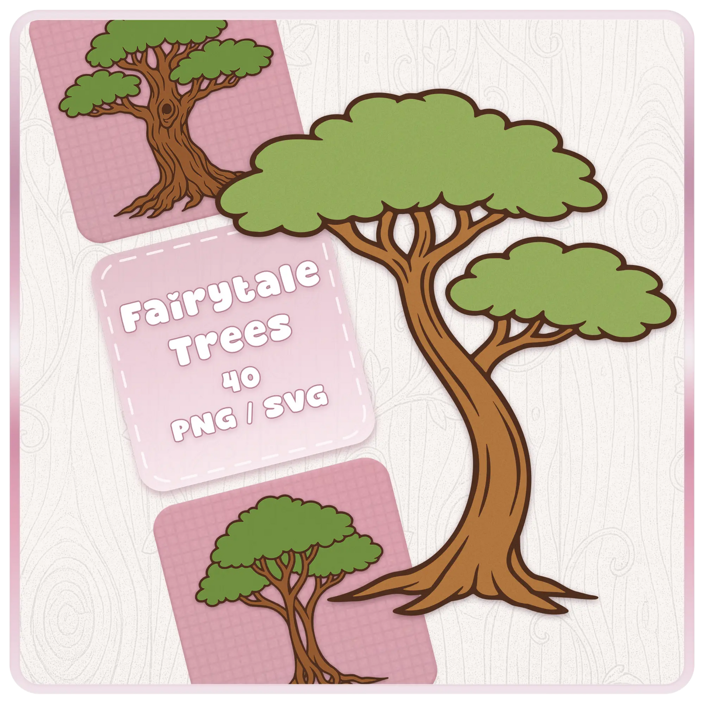Fairytale Enchanted Trees SVG and PNG bundle cover featuring a large whimsical green tree with a curved brown trunk, soft woodland background, and pink digital download labels.