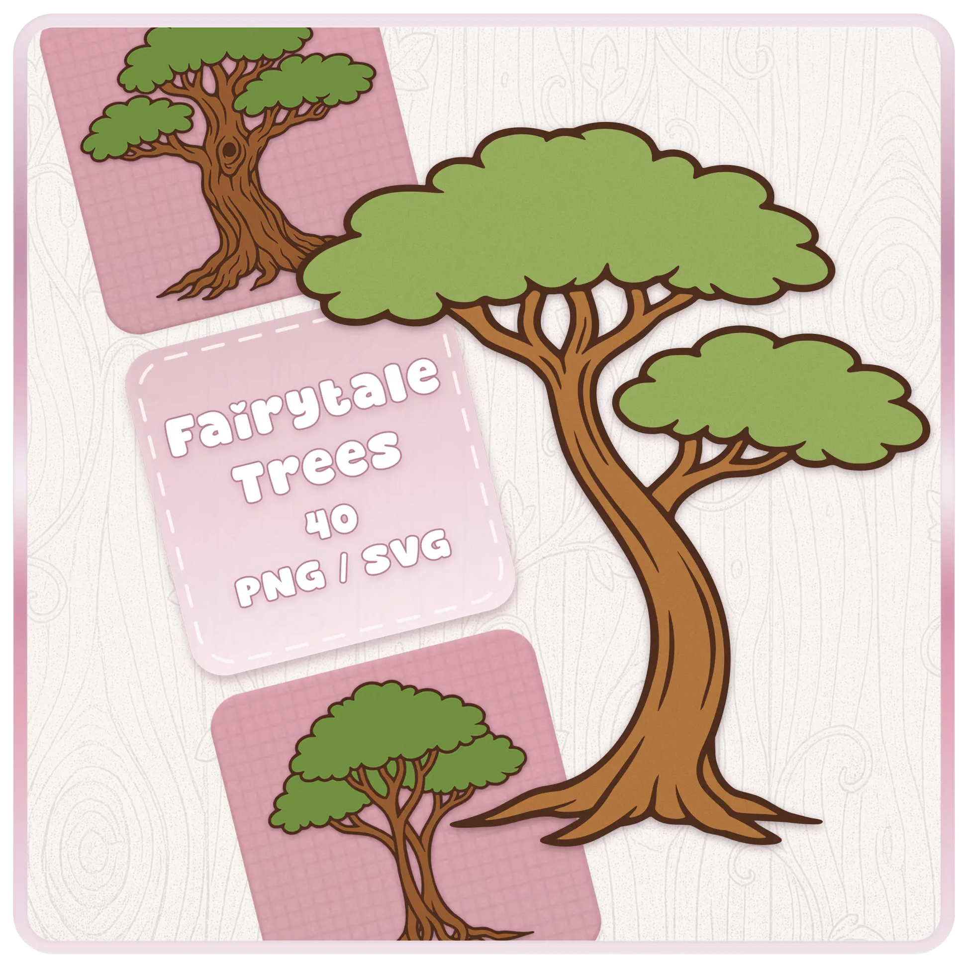 Fairytale Enchanted Trees SVG and PNG bundle cover featuring a large whimsical green tree with a curved brown trunk, soft woodland background, and pink digital download labels.