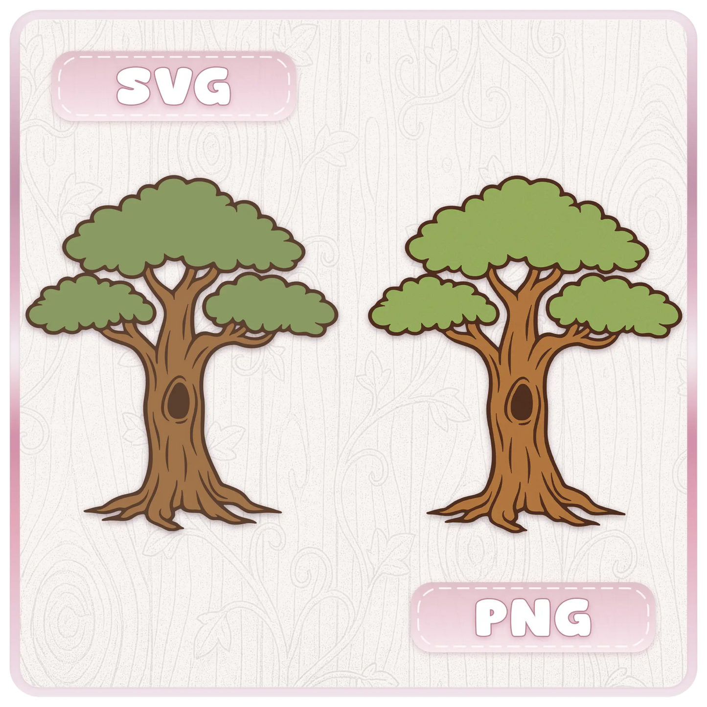Fairytale Enchanted Trees format preview showing two whimsical tree designs with green leafy canopies, SVG and PNG labels, and cutting machine friendly artwork.