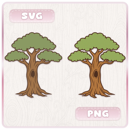 Fairytale Enchanted Trees format preview showing two whimsical tree designs with green leafy canopies, SVG and PNG labels, and cutting machine friendly artwork.