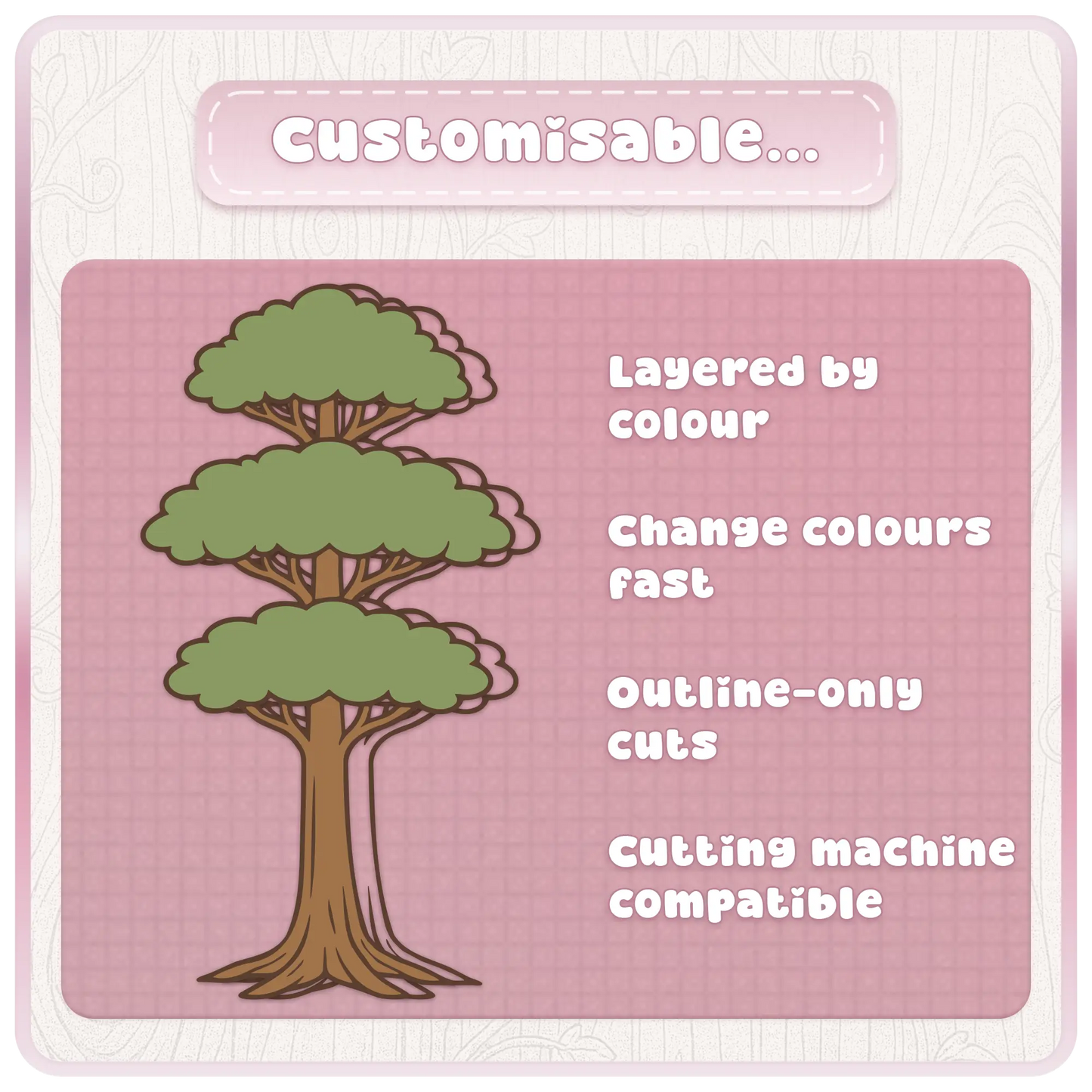 Customisable Fairytale Enchanted Trees SVG preview showing layered tree clipart with editable colours, outline-only cuts, and cutting machine compatible design features.
