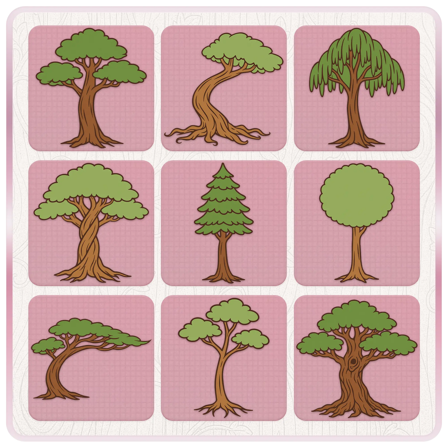 Enchanted tree clipart preview sheet featuring nine whimsical fantasy tree SVG designs with leafy trees, curved trunks, pine tree, willow tree, and storybook woodland styles.