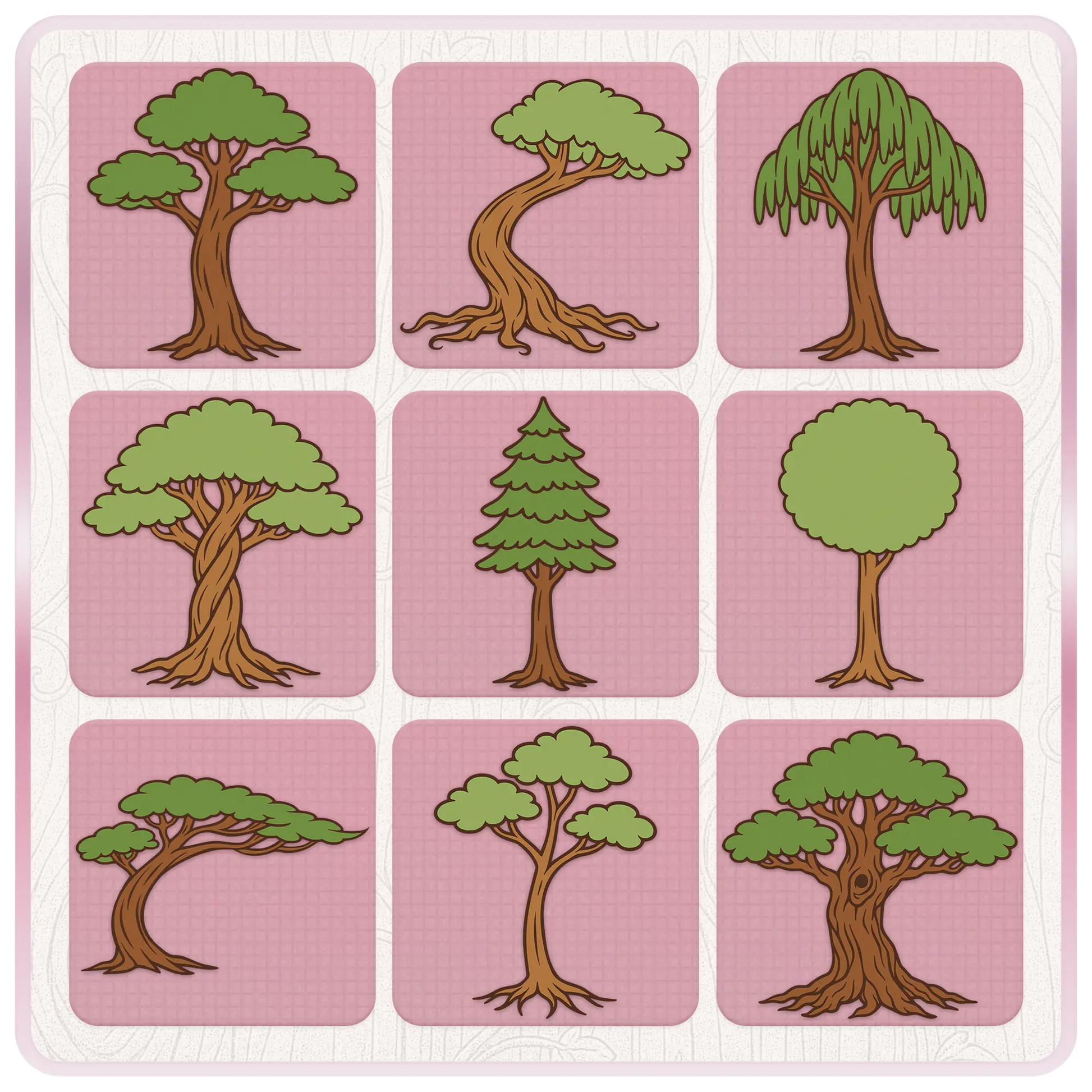 Enchanted tree clipart preview sheet featuring nine whimsical fantasy tree SVG designs with leafy trees, curved trunks, pine tree, willow tree, and storybook woodland styles.