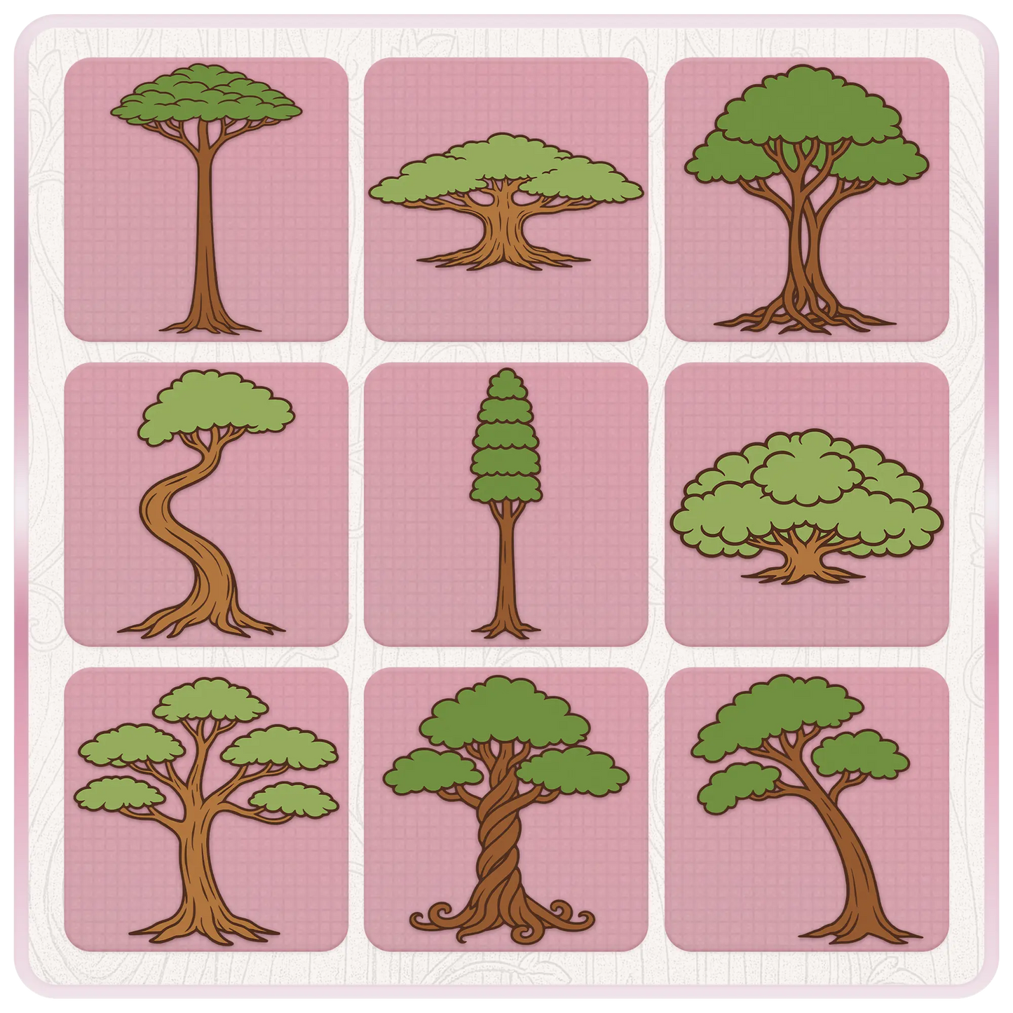 Whimsical enchanted tree clipart collection featuring tall trees, curved fantasy trees, leafy woodland trees, pine trees, and magical forest SVG designs on pink preview cards.