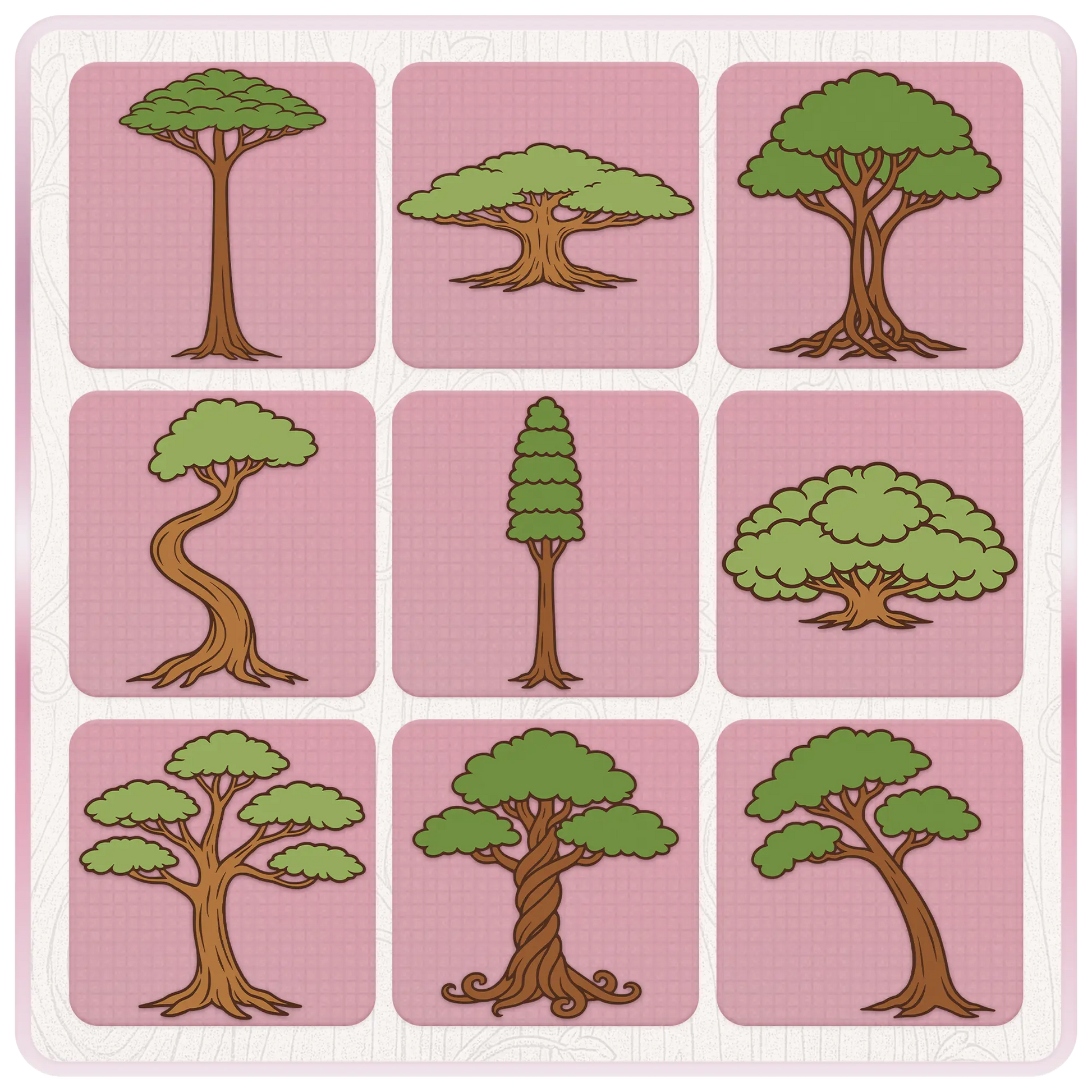 Whimsical enchanted tree clipart collection featuring tall trees, curved fantasy trees, leafy woodland trees, pine trees, and magical forest SVG designs on pink preview cards.