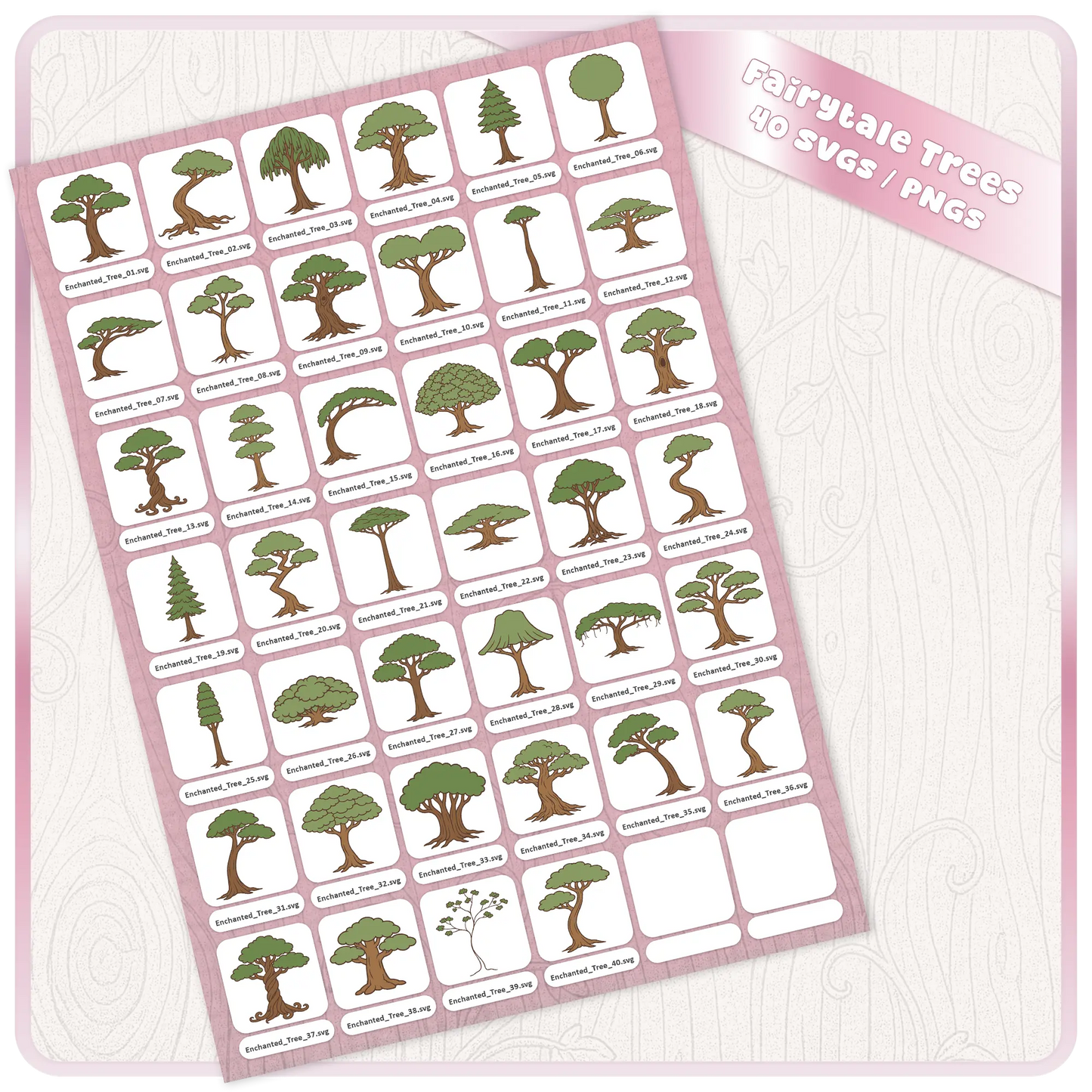 Full preview sheet of Fairytale Enchanted Trees 40 SVG and PNG digital download bundle with assorted whimsical forest tree clipart files for fantasy crafts and printables.