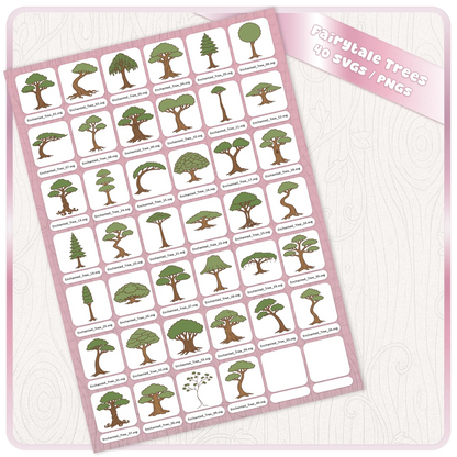 Full preview sheet of Fairytale Enchanted Trees 40 SVG and PNG digital download bundle with assorted whimsical forest tree clipart files for fantasy crafts and printables.