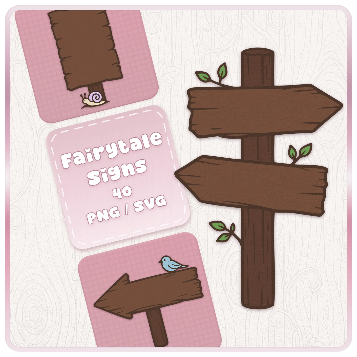 Fairytale Enchanted Wooden Signs SVG and PNG bundle cover featuring rustic brown wooden signposts, blank arrow signs, snail detail, bird clipart, and magical forest craft graphics.