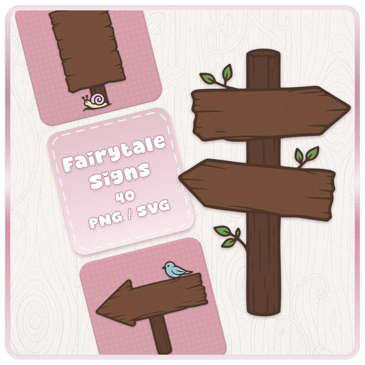 Fairytale Enchanted Wooden Signs SVG and PNG bundle cover featuring rustic brown wooden signposts, blank arrow signs, snail detail, bird clipart, and magical forest craft graphics.