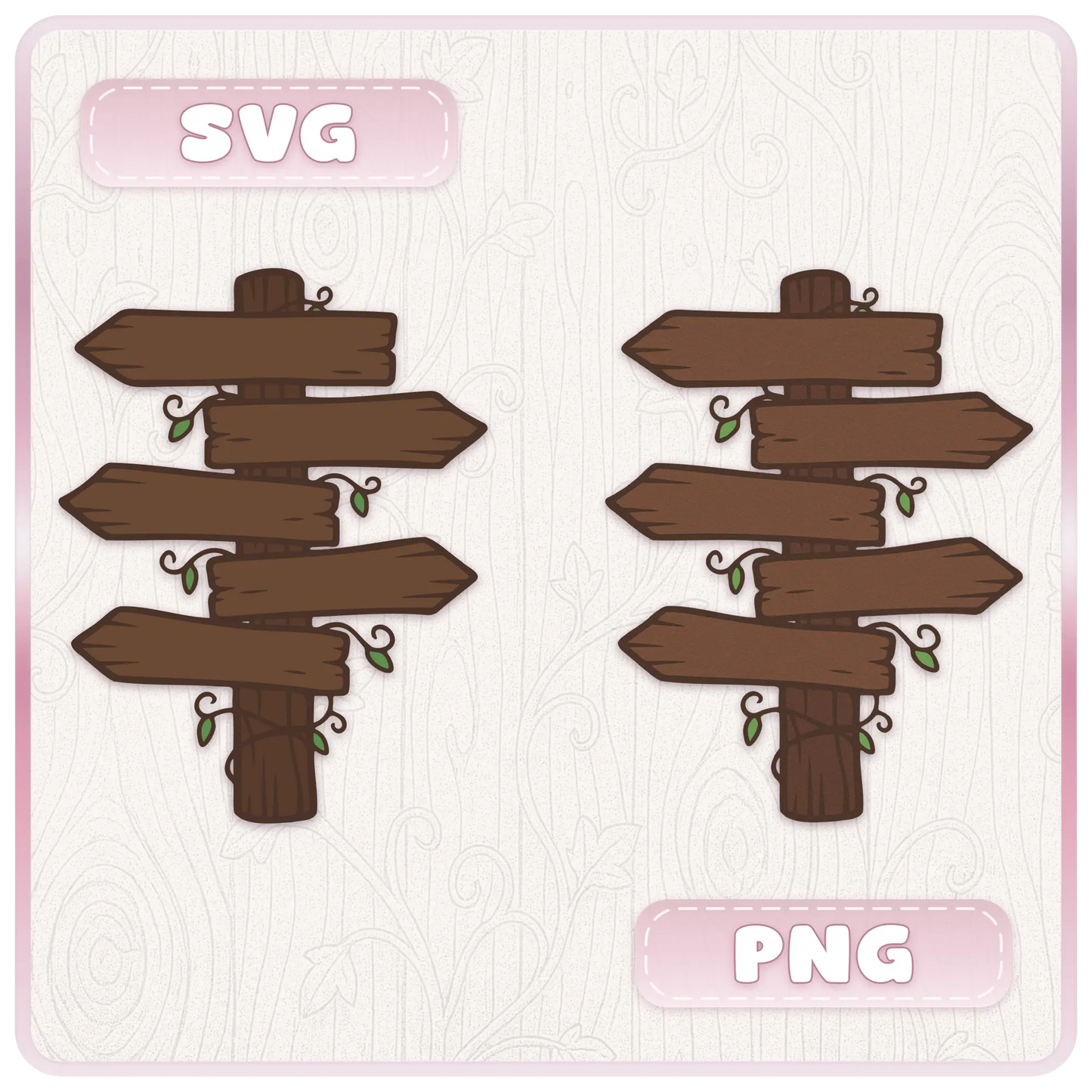 Enchanted wooden sign SVG and PNG preview showing two rustic multi-directional signposts with brown wood planks, vines, leaves, and layered cut file designs.