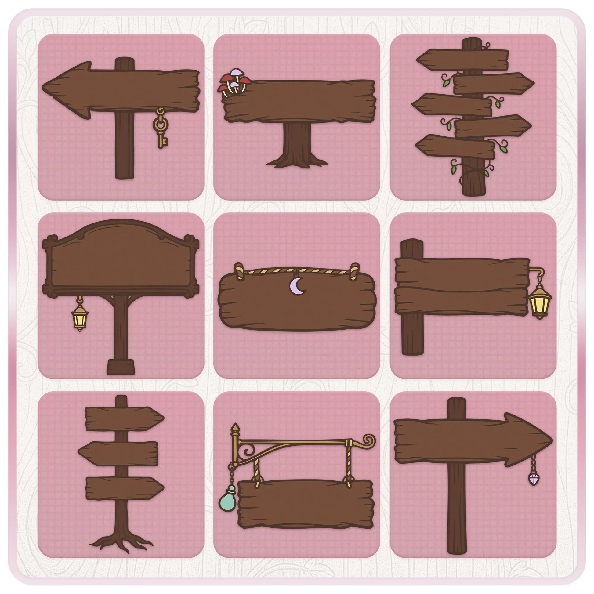 Fairytale Enchanted wooden sign clipart preview featuring rustic arrows, hanging signs, lanterns, crystals, mushrooms, vines, moon charm, and magical signpost designs.