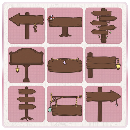 Fairytale Enchanted wooden sign clipart preview featuring rustic arrows, hanging signs, lanterns, crystals, mushrooms, vines, moon charm, and magical signpost designs.