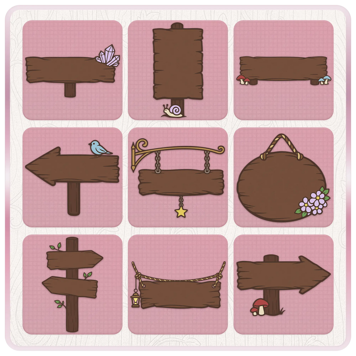 Enchanted wooden sign SVG and PNG collection with crystal wood sign, snail sign, mushroom plank, bird arrow sign, hanging star sign, floral plaque, and rustic forest boards.