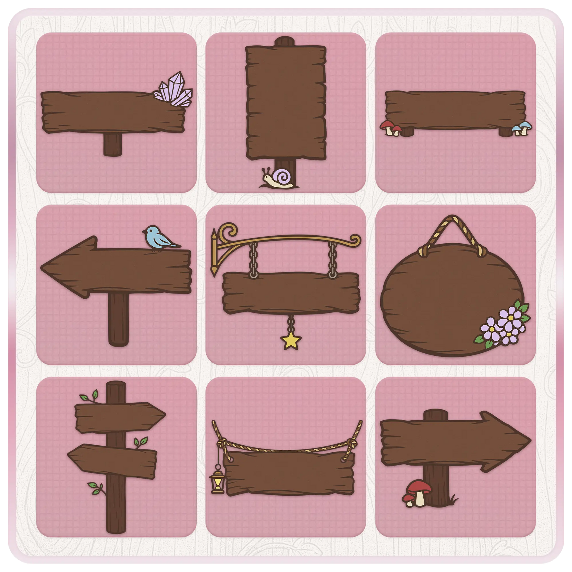 Enchanted wooden sign SVG and PNG collection with crystal wood sign, snail sign, mushroom plank, bird arrow sign, hanging star sign, floral plaque, and rustic forest boards.