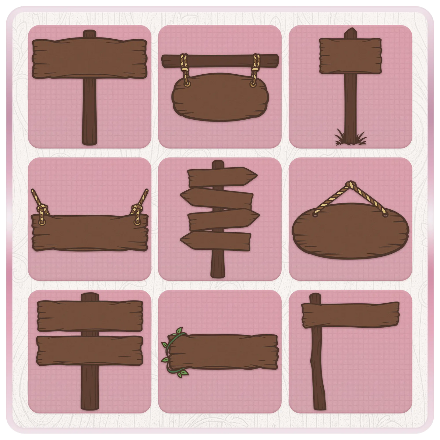 Rustic enchanted wooden sign SVG bundle preview featuring blank signposts, hanging wooden plaques, arrow signs, double plank signs, and cut-friendly wood sign graphics.