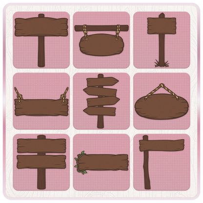 Rustic enchanted wooden sign SVG bundle preview featuring blank signposts, hanging wooden plaques, arrow signs, double plank signs, and cut-friendly wood sign graphics.