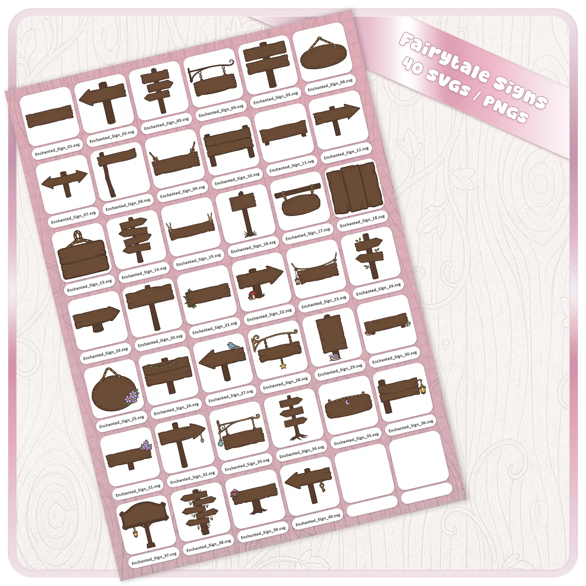 Fairytale Enchanted Signs SVG and PNG bundle sheet showing 40 brown wooden sign clipart designs for Cricut, Silhouette, sublimation, stickers, printables, and fantasy crafts.