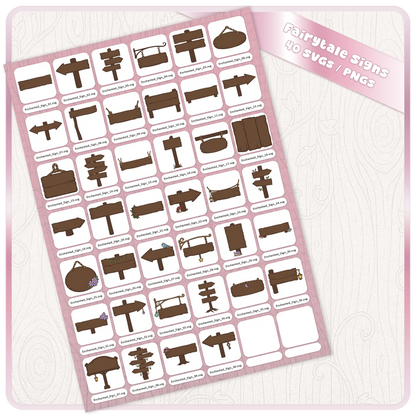 Fairytale Enchanted Signs SVG and PNG bundle sheet showing 40 brown wooden sign clipart designs for Cricut, Silhouette, sublimation, stickers, printables, and fantasy crafts.