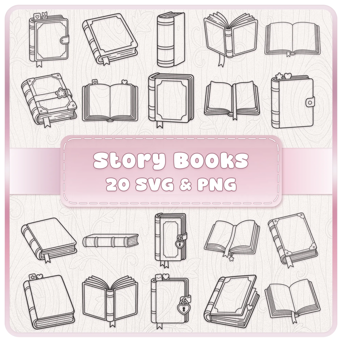 Story Books SVG and PNG bundle featuring 20 bookish line art designs including open books, journals, vintage books and bookmarks for Cricut crafts