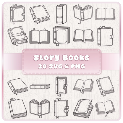 Story Books SVG and PNG bundle featuring 20 bookish line art designs including open books, journals, vintage books and bookmarks for Cricut crafts