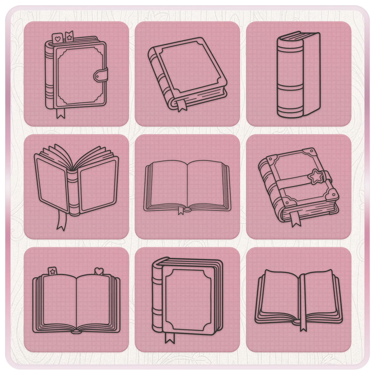 Book SVG bundle preview featuring nine cute storybook illustrations including open books, closed books, journals, bookmarks and vintage book designs