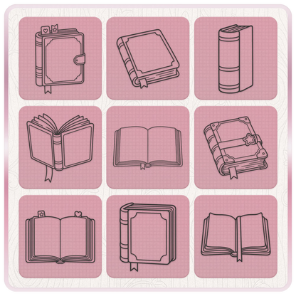 Book SVG bundle preview featuring nine cute storybook illustrations including open books, closed books, journals, bookmarks and vintage book designs