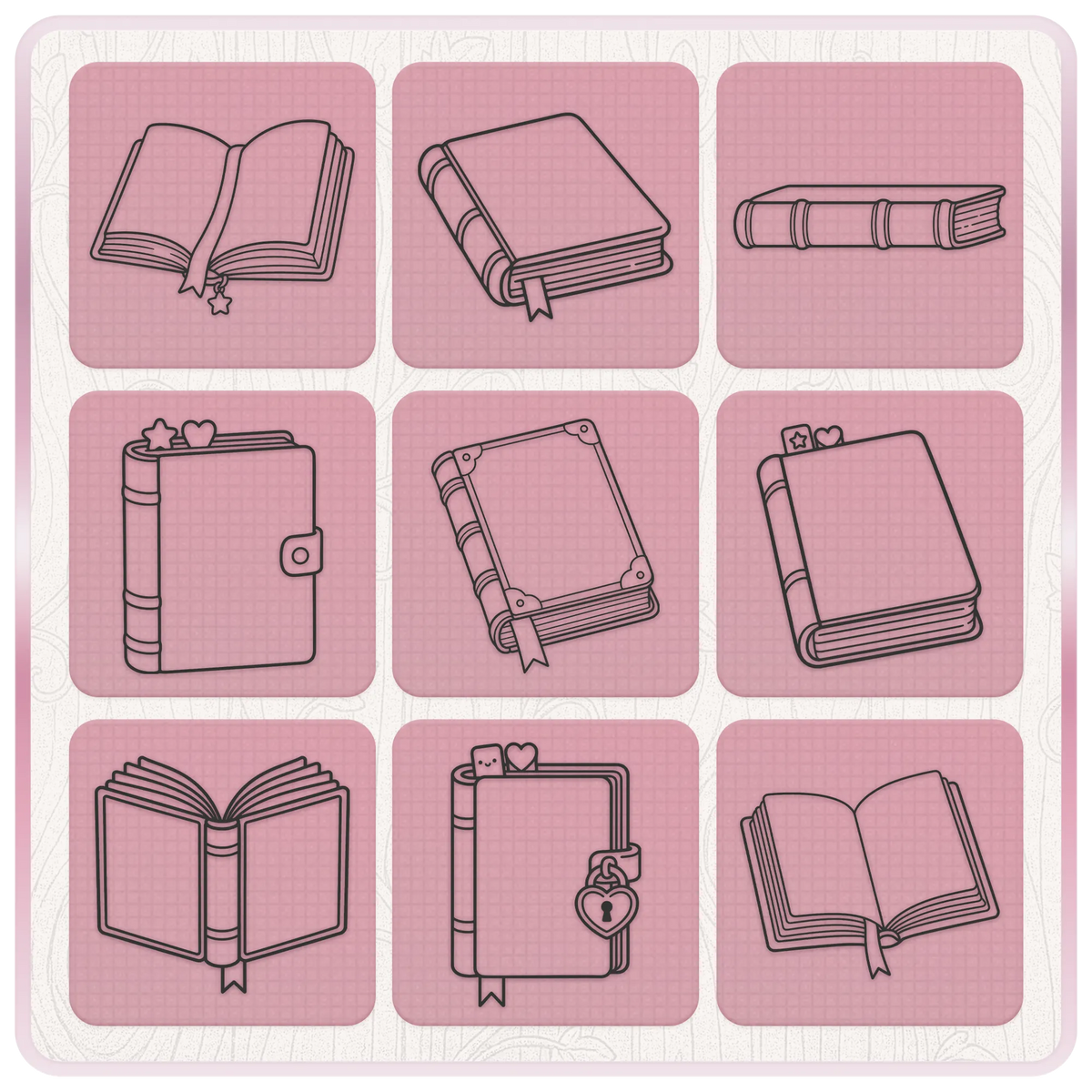Storybook SVG and PNG clipart collection featuring nine book designs with open books, vintage journals, bookmarks and decorative book covers