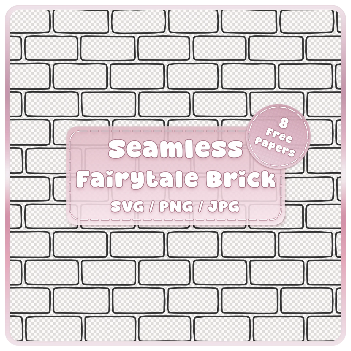 Seamless fairytale brick wall pattern overlay with evenly spaced rounded rectangular bricks and black outlines, SVG PNG JPG digital download.