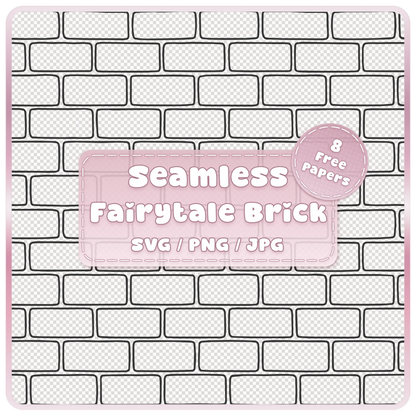 Seamless fairytale brick wall pattern overlay with evenly spaced rounded rectangular bricks and black outlines, SVG PNG JPG digital download.