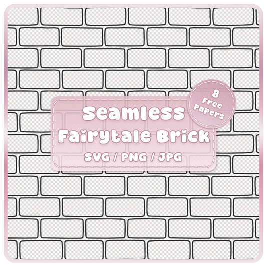 Seamless fairytale brick wall pattern overlay with evenly spaced rounded rectangular bricks and black outlines, SVG PNG JPG digital download.