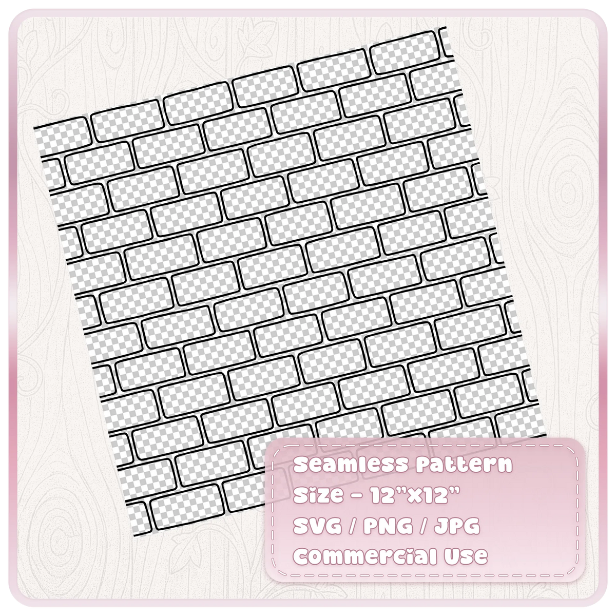Classic fairytale brick seamless pattern on a tilted 12 x 12 inch digital paper sheet, showing black brick outlines over a transparent background.