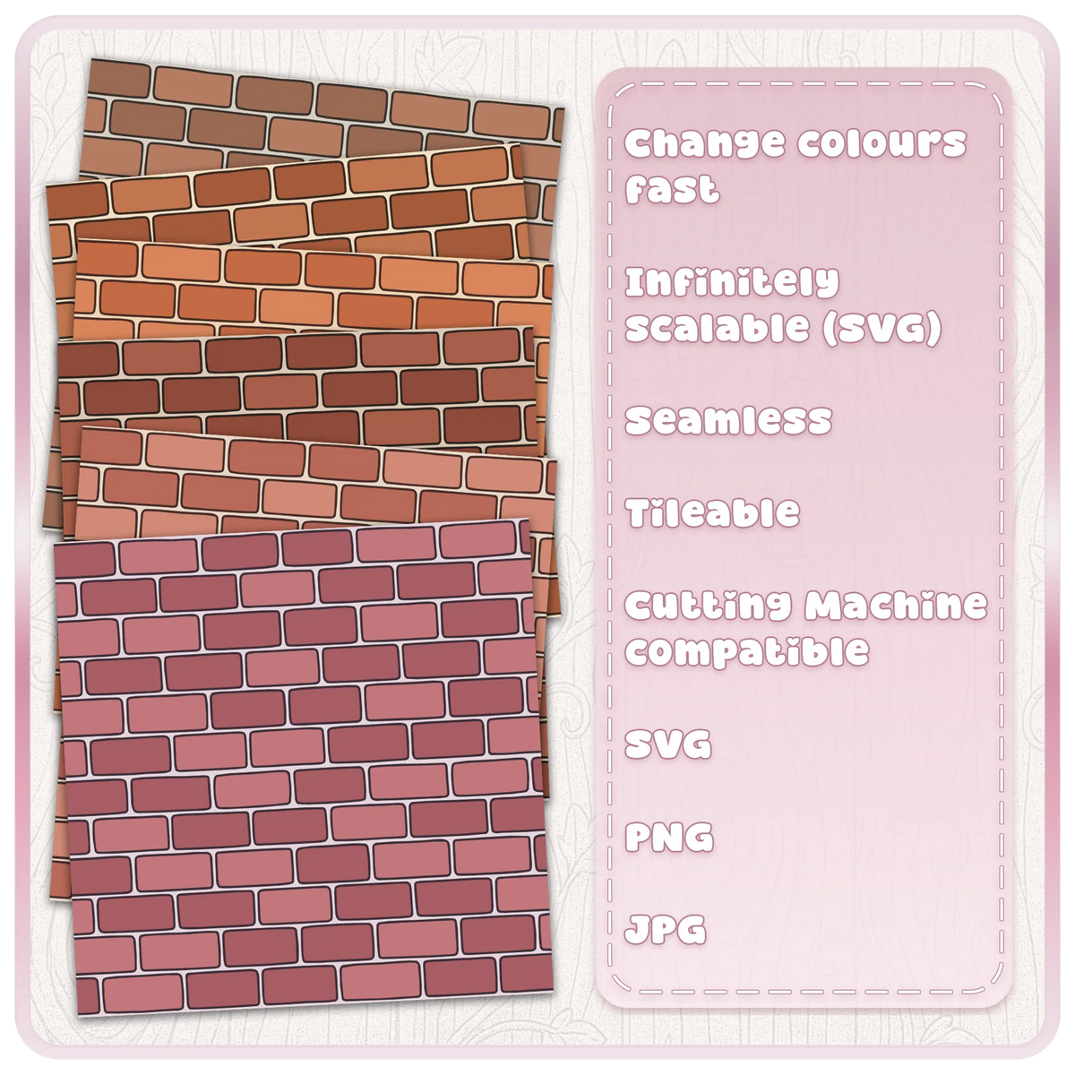 Five colour examples of a seamless brick wall digital paper pattern in terracotta, orange, earthy brown and dusty pink for scrapbooking and crafts.