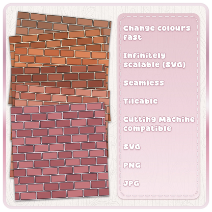 Five colour examples of a seamless brick wall digital paper pattern in terracotta, orange, earthy brown and dusty pink for scrapbooking and crafts.