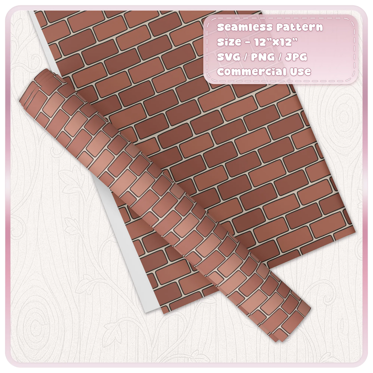 Terracotta brick wall seamless pattern printed on decorative wrapping paper and a matching rolled sheet, featuring neat rectangular bricks.