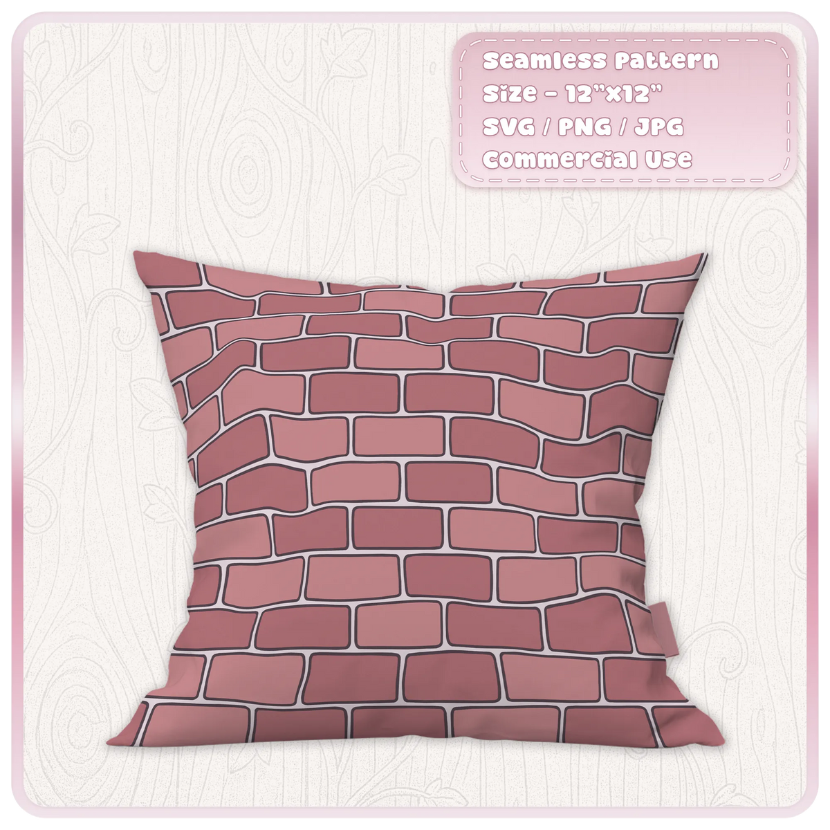 Dusty pink fairytale brick wall pattern displayed on a decorative cushion, showcasing a seamless rectangular brick design for fabric projects.
