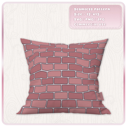 Dusty pink fairytale brick wall pattern displayed on a decorative cushion, showcasing a seamless rectangular brick design for fabric projects.