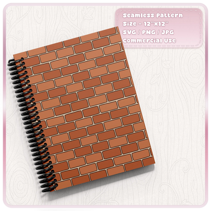 Terracotta and brown seamless brick wall pattern on a spiral notebook cover, showing a classic brick design for journals and printable stationery.